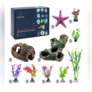 Aquarium Fish Tank Decorations Set | Plants, Cave, Barrel & Starfish Decor